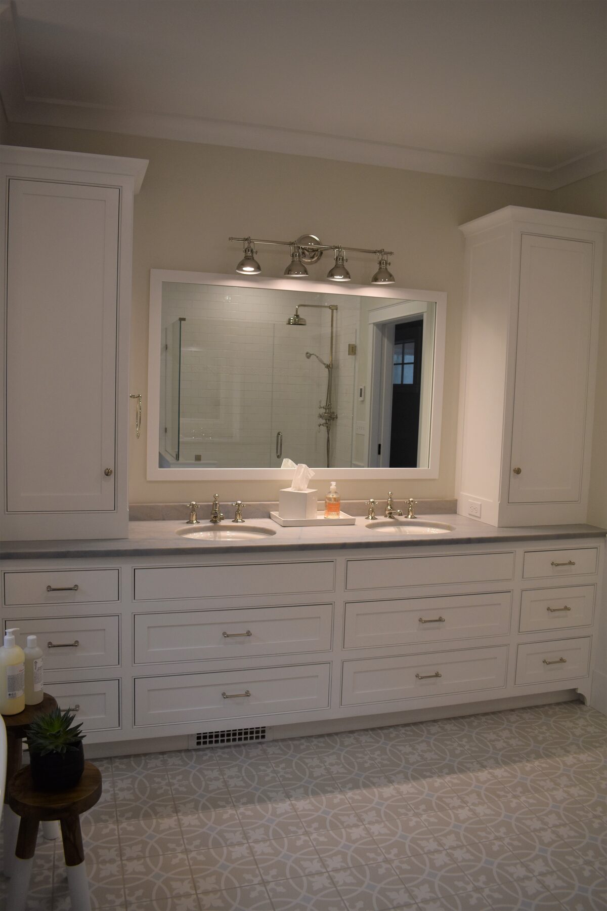 White double bathroom vanity mirror and tower cabinet