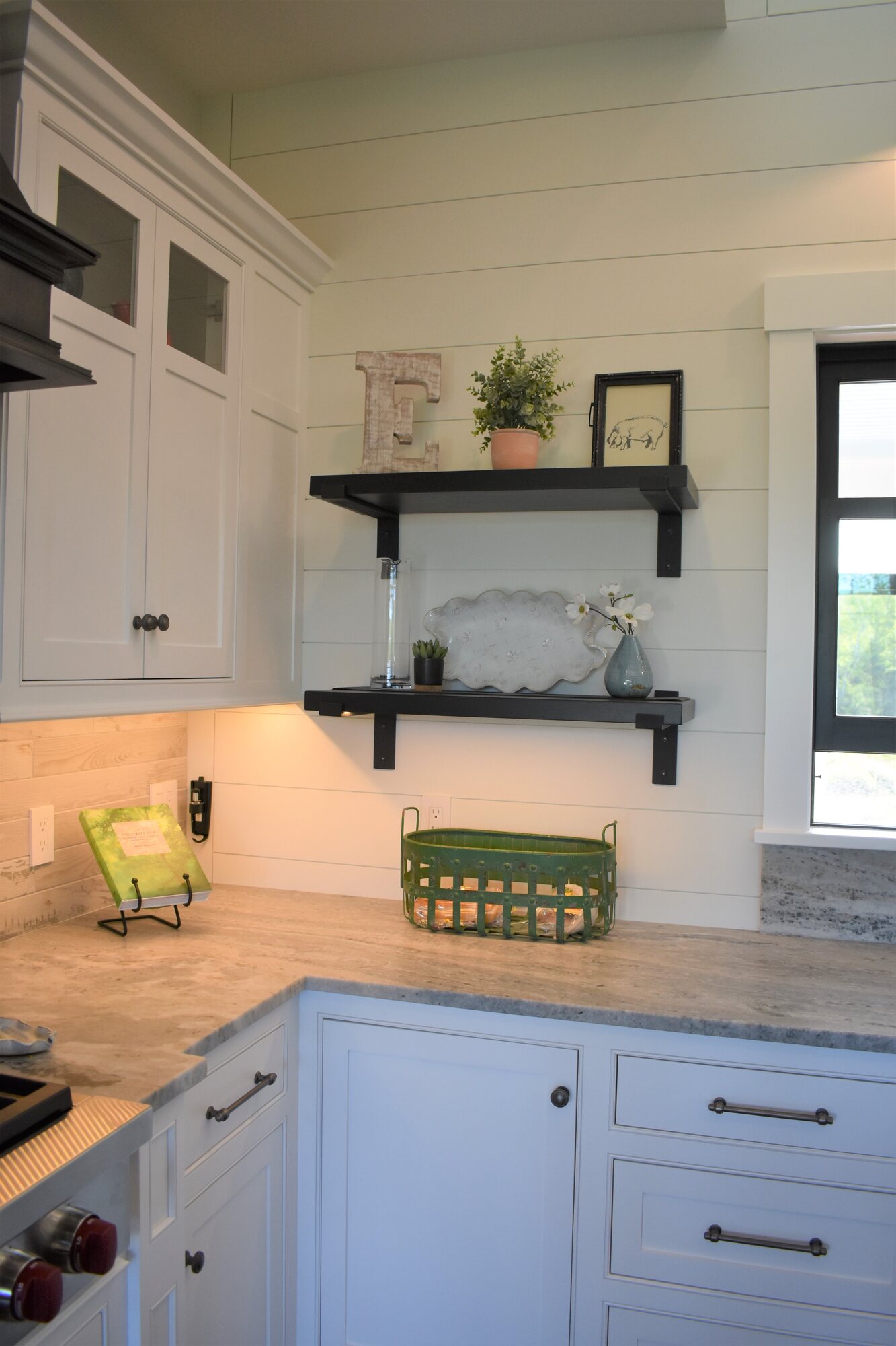 Kitchen counter and open shelving detail