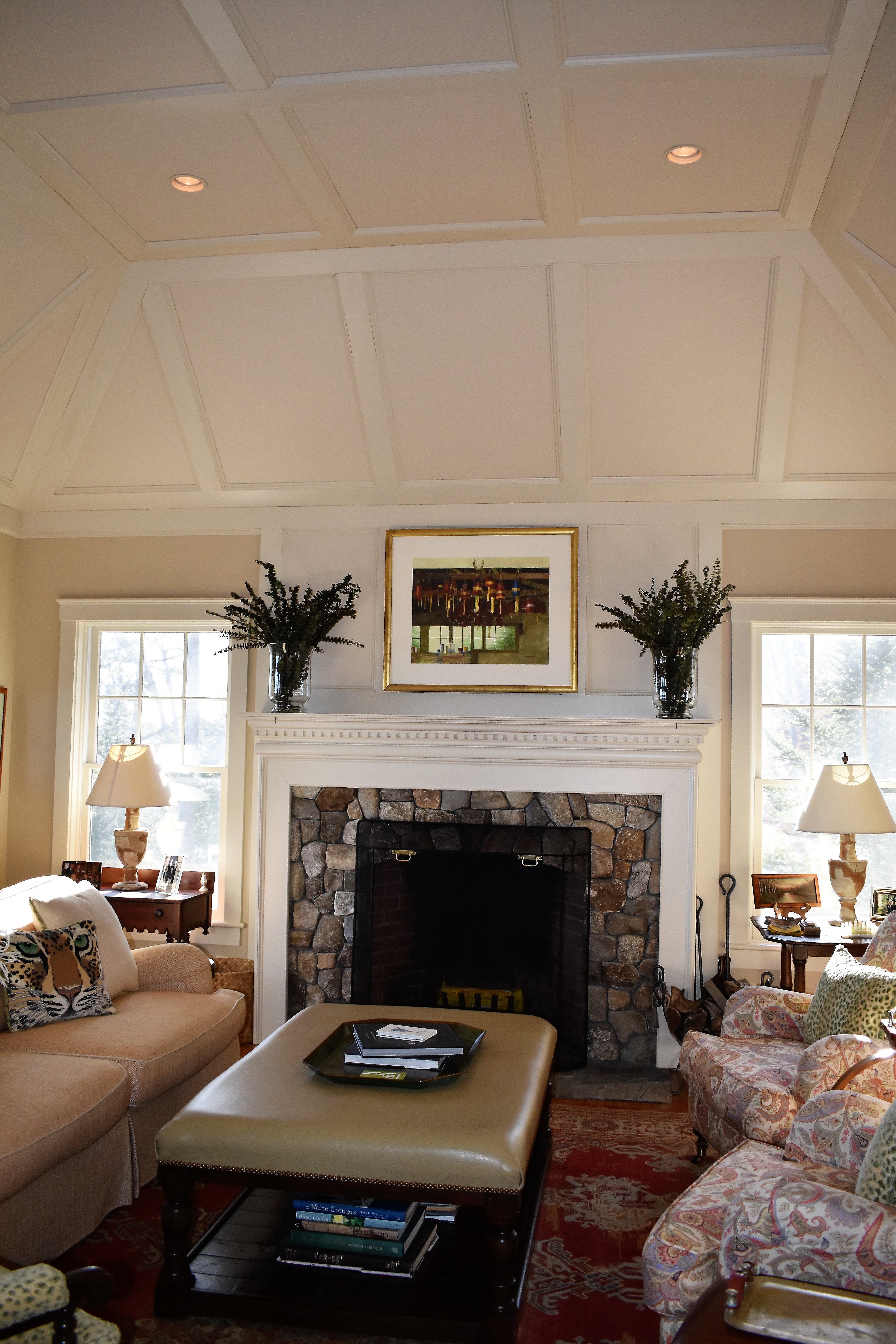 Coffered ceiling and custom mantel