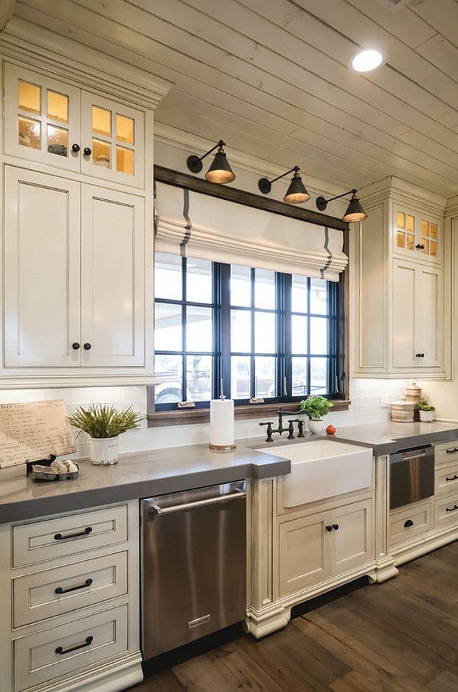 Painted farmhouse style kitchen cabinet detail