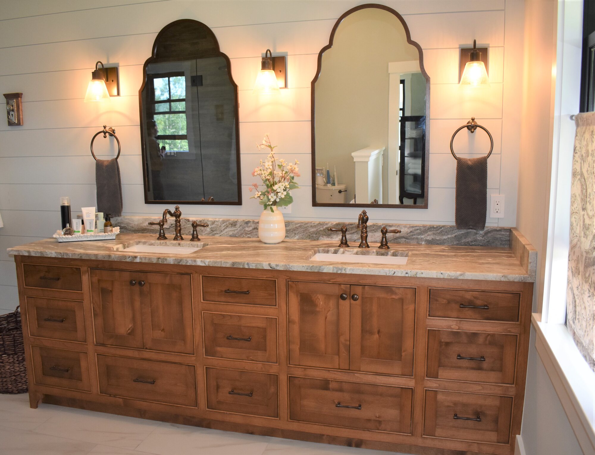 Natural wood double bathroom vanity