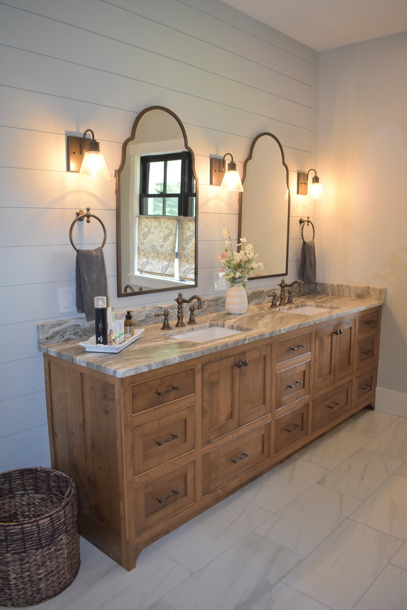 Natural wood vanity room view