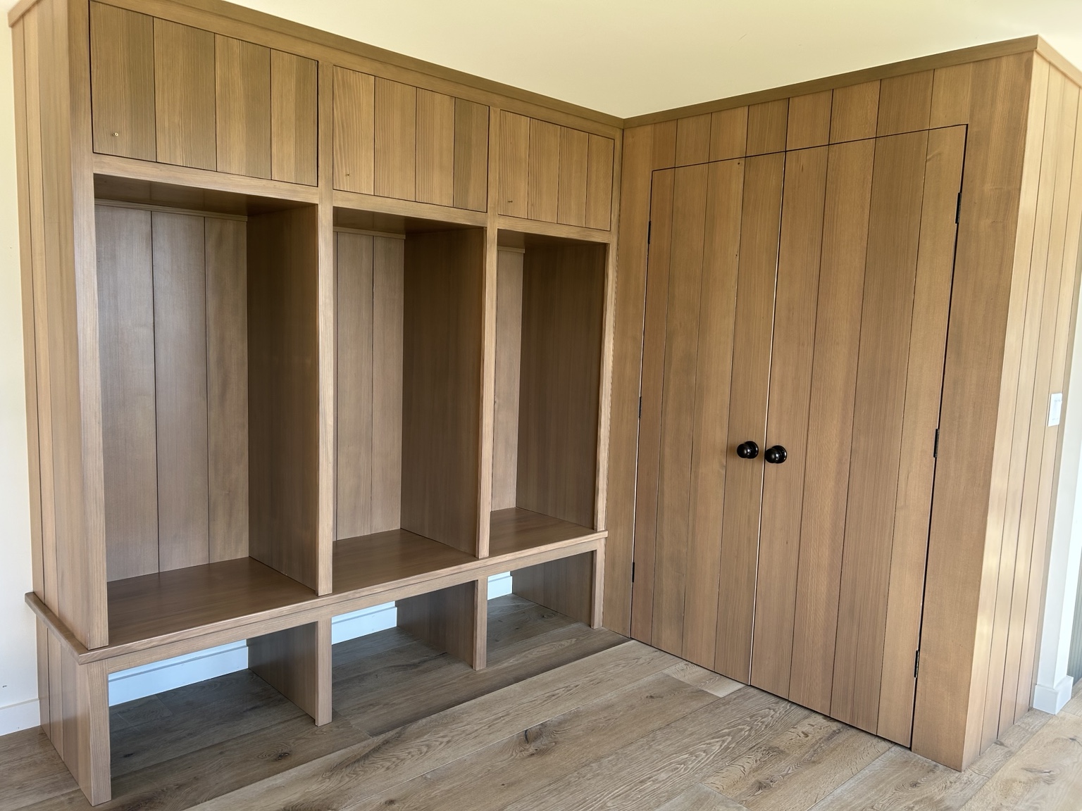 Natural wood mudroom storage