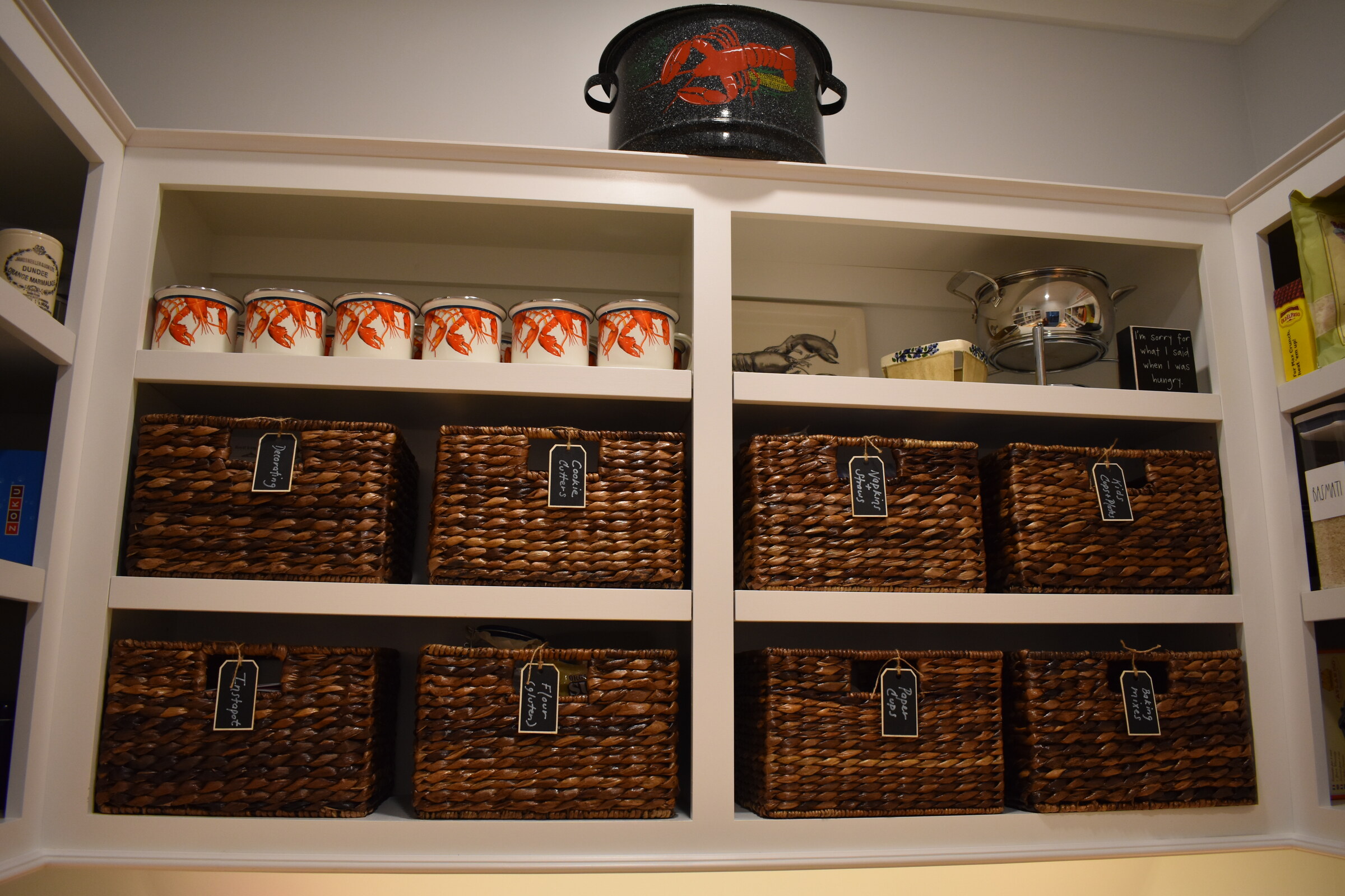 Built-in pantry basket shelves