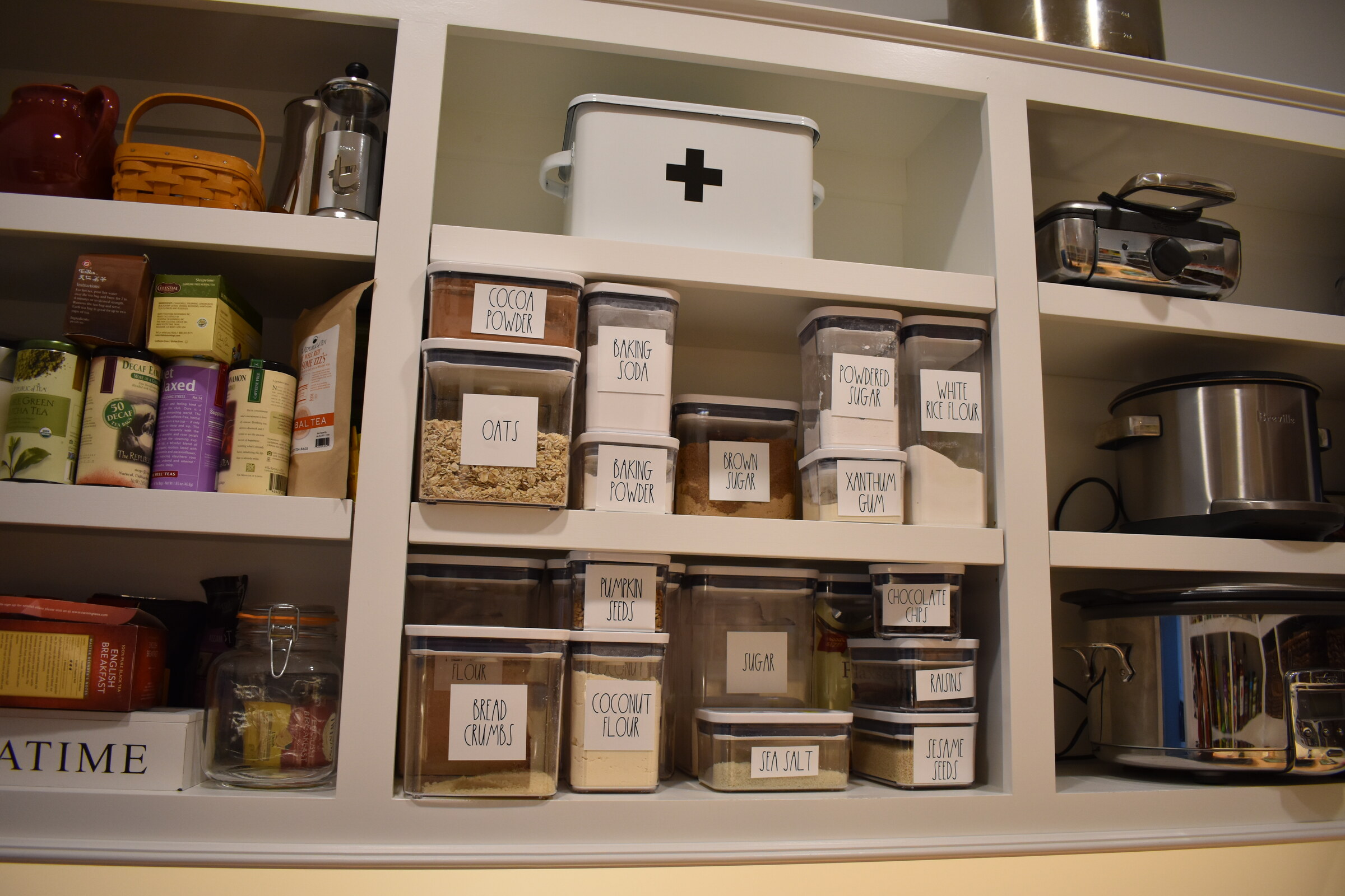 Open pantry shelving and storage