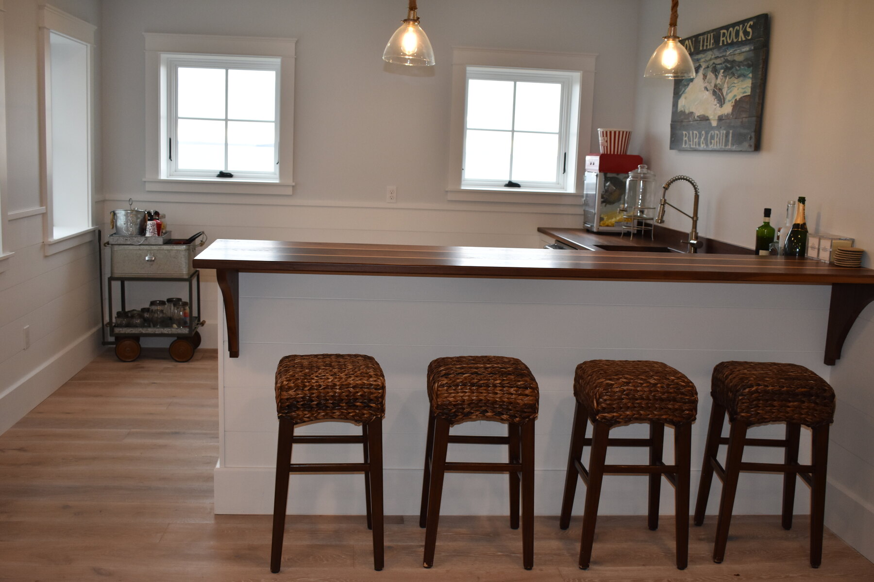 White kitchen cabinetry and island view