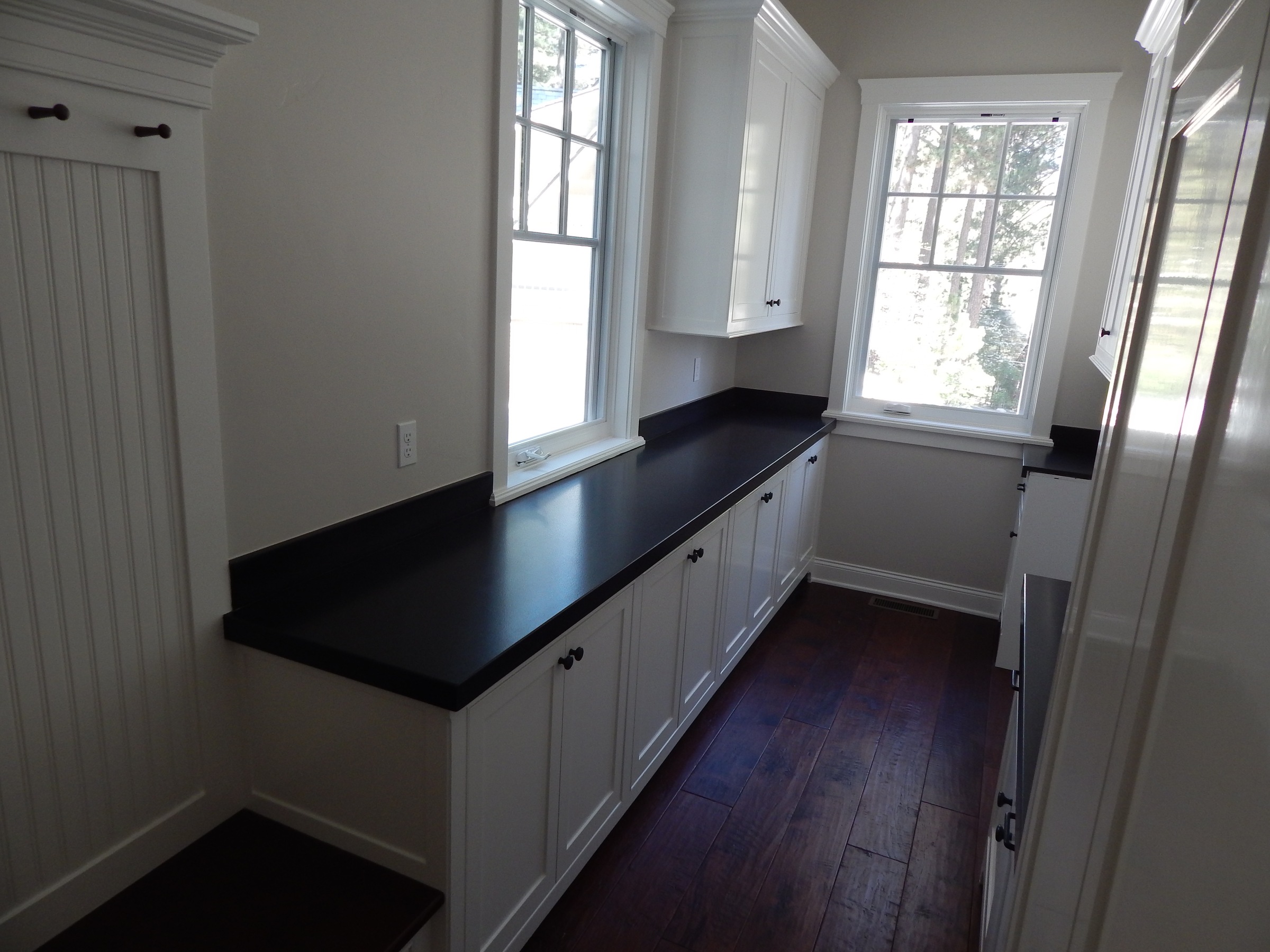 White mudroom bench with drawer storage